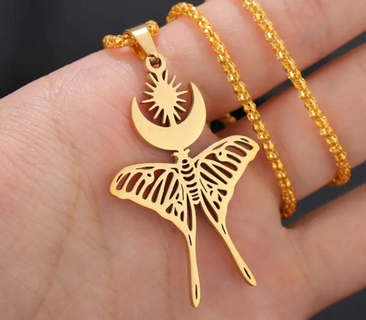 Sun Moon Butterfly Stainless Steel Golden Necklace