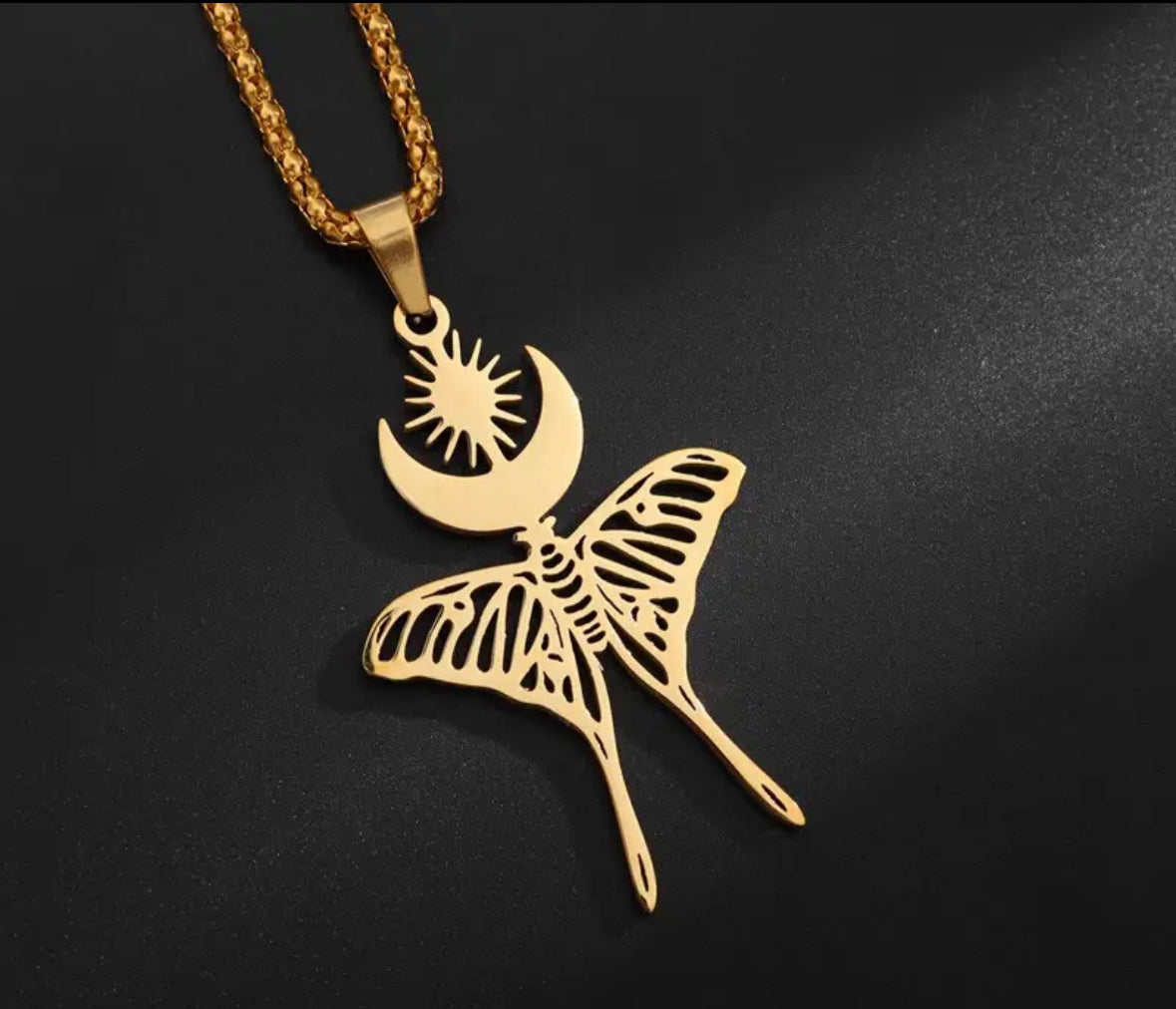 Sun Moon Butterfly Stainless Steel Golden Necklace