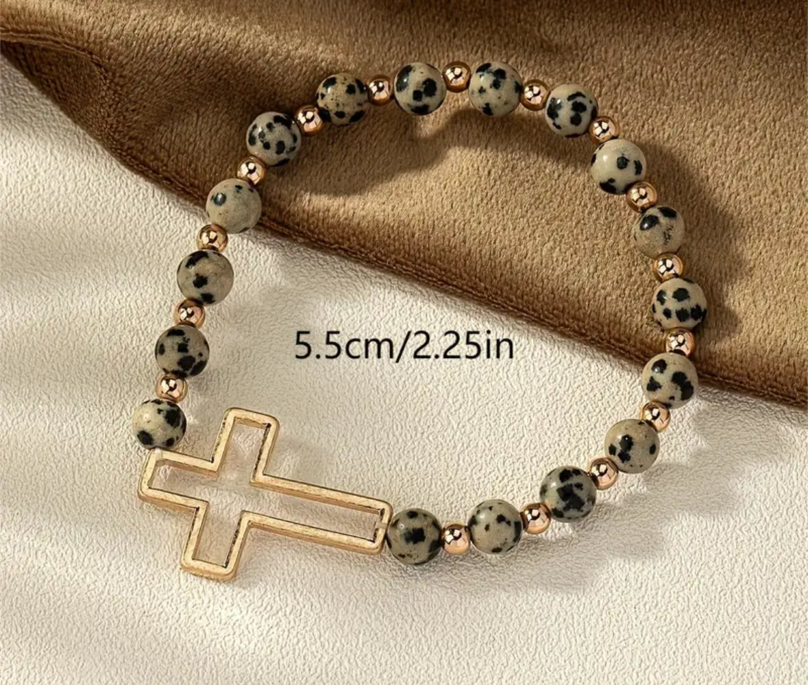 Spotted stone cross bracelet