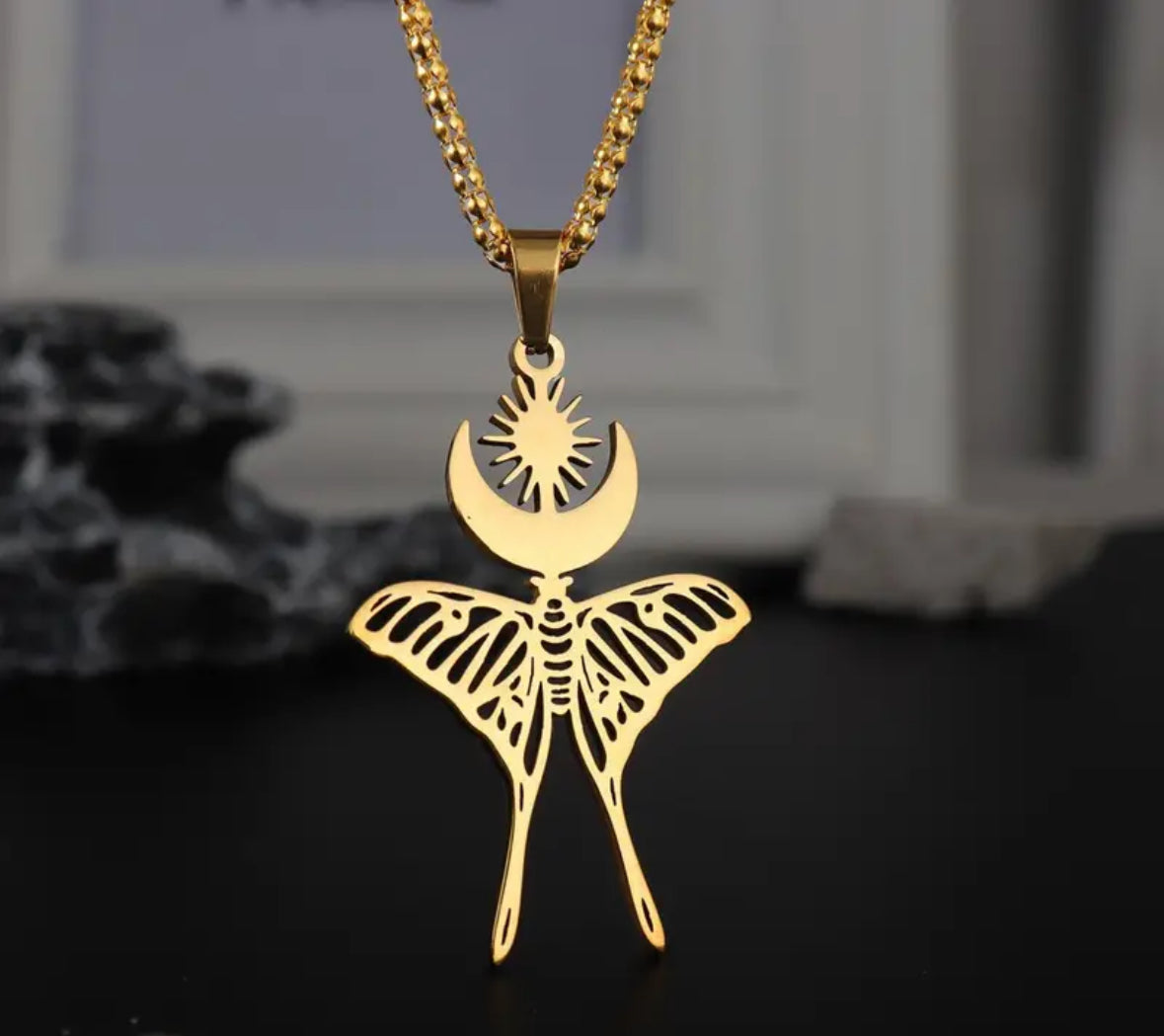 Sun Moon Butterfly Stainless Steel Golden Necklace