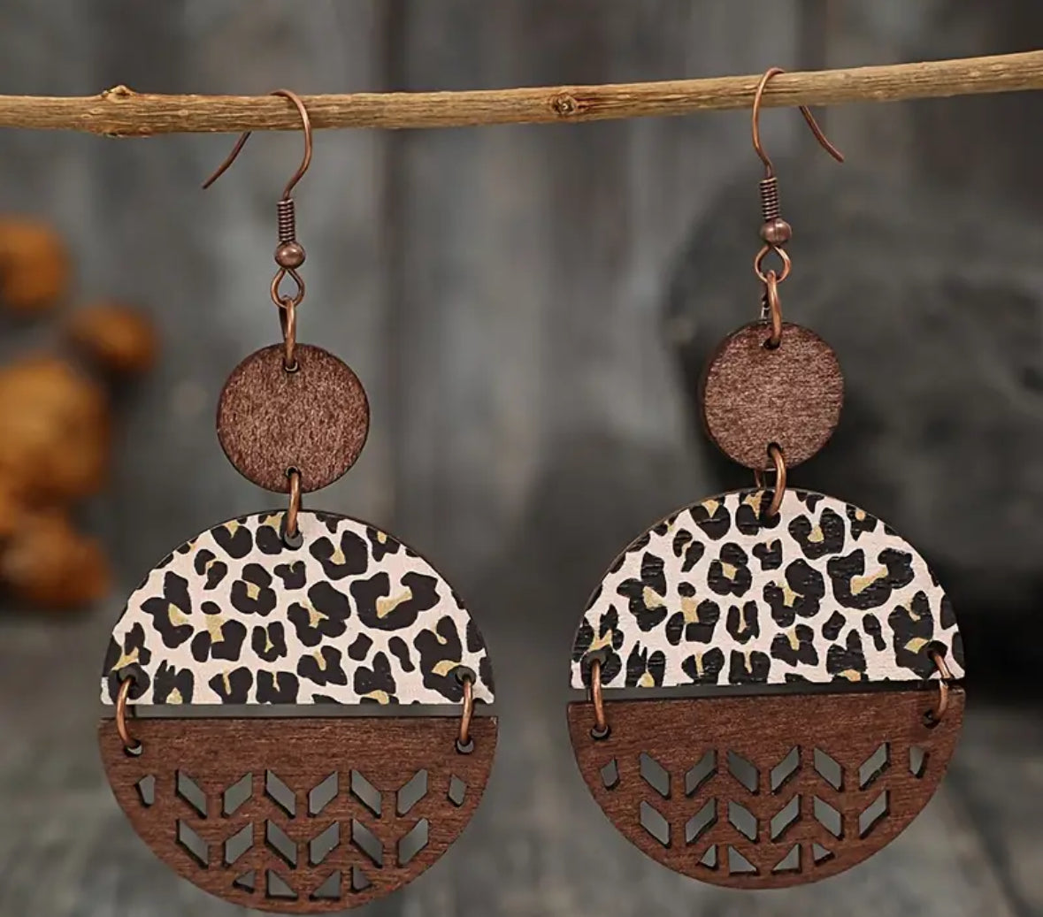 Round leopard wooden cross earrings