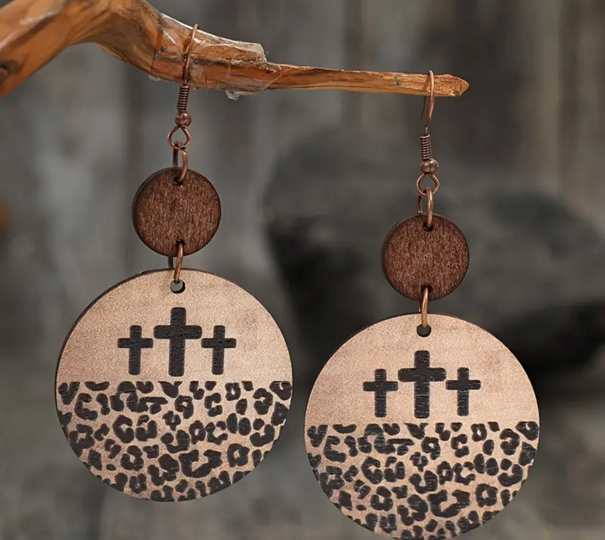 Round leopard wooden cross earrings