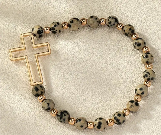 Spotted stone cross bracelet