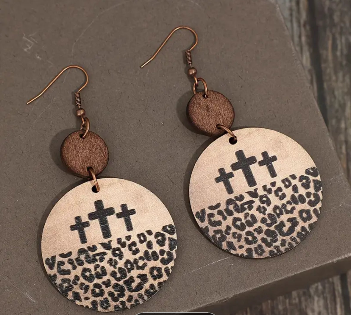 Round leopard wooden cross earrings