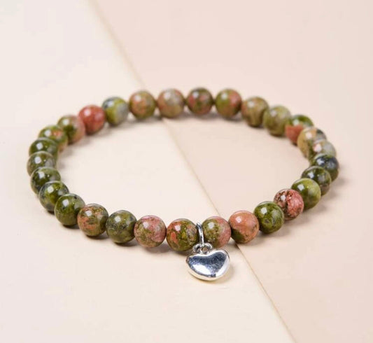 Unakite heart charmed bracelet 6mm beads