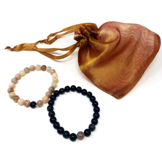 Peach moonstone and black onyx couple bracelets