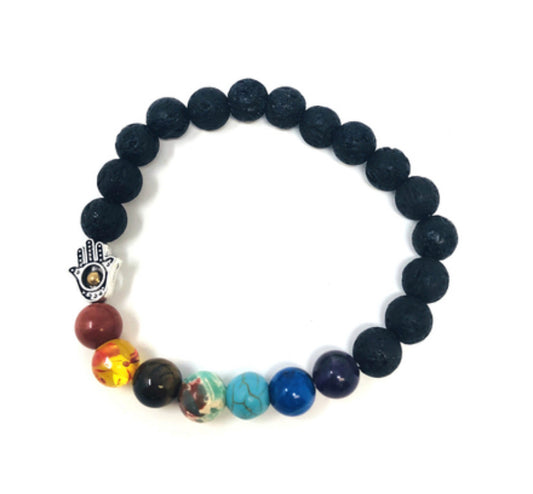 Lava stone and 7 chakra Hamsa Charm Bracelet