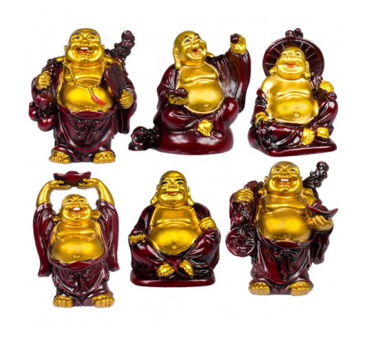 Polyresin Feng Shui Figurine 2-inch Buddha Gold & Red (Set of 6)